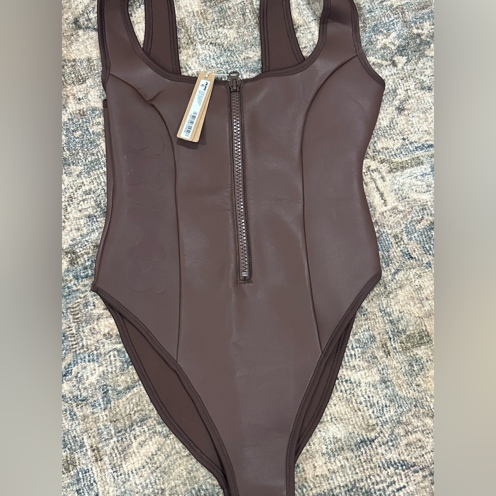 SKIMS Chocolate Brown Zip Front One-Piece Swimsuit
